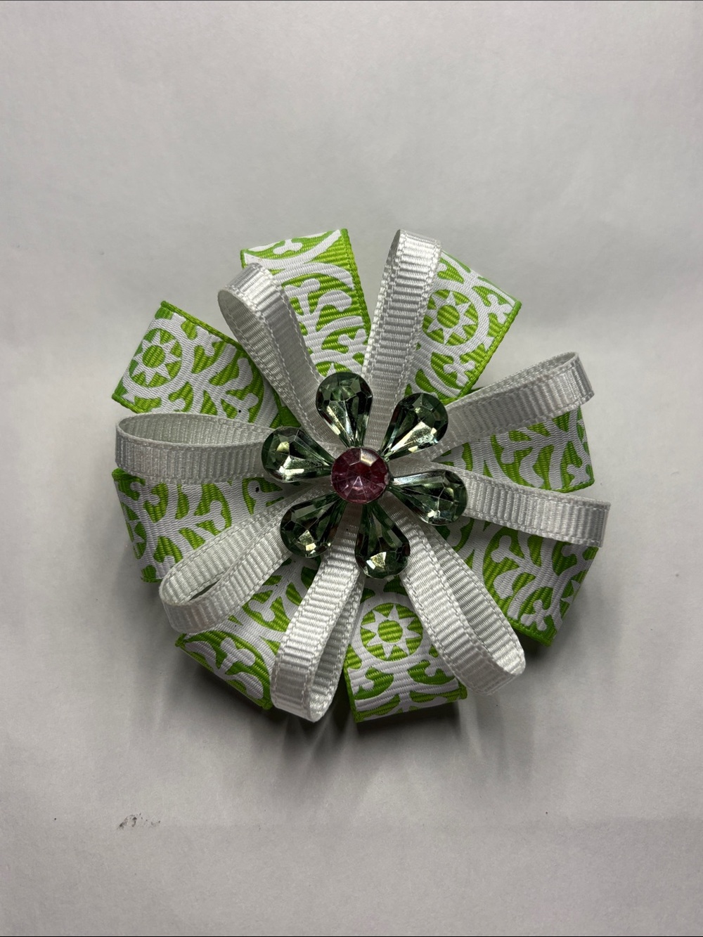 Green and White Floral Ribbon Hair Bow with Jewel Center